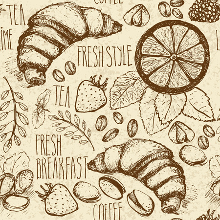 Sketched breakfast seamless background with croissant, lemon and berries. Drawned on old brown paperのイラスト素材