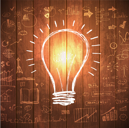 Great new idea concept - bulb with hand draw business doodles on brown wooden backgroundのイラスト素材