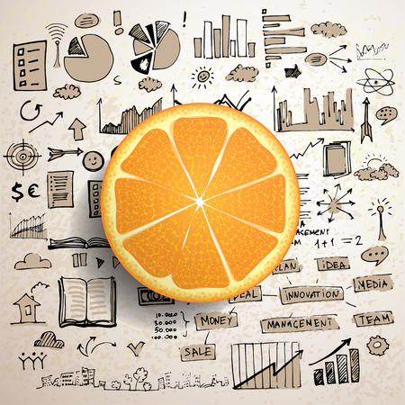 Business doodle concept with fresh orange and sketched doodle elements on backgroundのイラスト素材