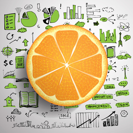 Business doodle concept with fresh orange and sketched doodle elements on backgroundのイラスト素材