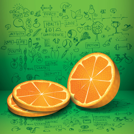 Business doodle concept with fresh orange and sketched doodle elements on backgroundのイラスト素材