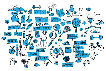 Health doodles, healthy elements isolated on white backgroundのイラスト素材