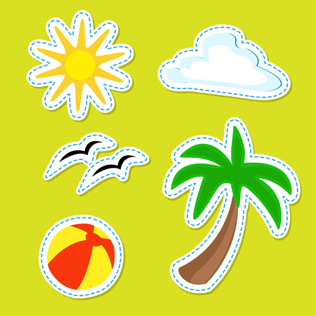 Summer stripped stickers. Summer ball, palm, sun and clouds in one setのイラスト素材