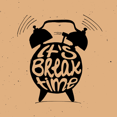 Hand draw Alarm clock illustration with lettering about break time. Relax and holiday reminder in sketched alarm clock.のイラスト素材