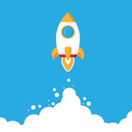 Minimalistic rocket launch flat icon. Rocket illustration with clouds, space and launch fire, flat modern art.の写真素材
