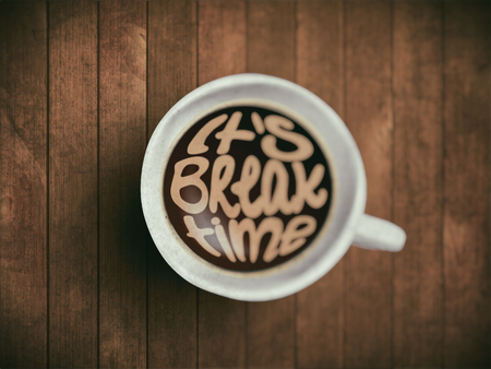 Coffee cup with time lettering, motivation quotes about time, awaking, right moment. Realistic black coffee on brown wooden background with motivation. Morning coffeeの写真素材