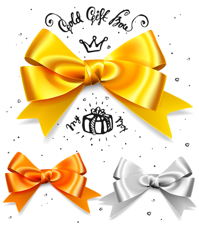 Set of gold, silver and bronze gift bows, satin isolated red glamour bow for birthday and christmas giftbox. Present design elementのイラスト素材