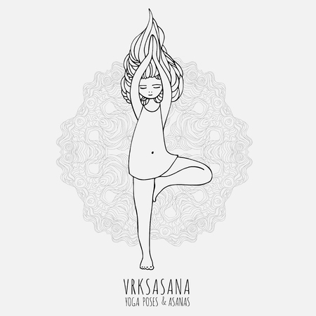 Cute girl doing yoga. Yoga poses and asanas in hand-drawn style. Woman fitness and relaxation, doodle vector illustration. Yoga woman poses, isolated on white background.のイラスト素材