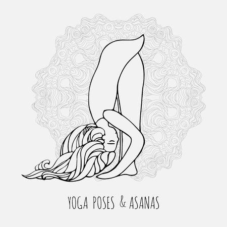 Lovely girl doing yoga. Yoga poses and asanas in hand-drawn style. Woman doing yoga exercises. Yoga and relaxation, doodle vector illustration isolated on white background, with east mandala behind.のイラスト素材