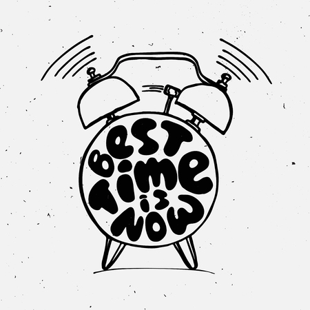 ringing alarm clock with light texture and lettering about best time is now. Time vector Concept illustration. Present moment concept letters with alarm.のイラスト素材