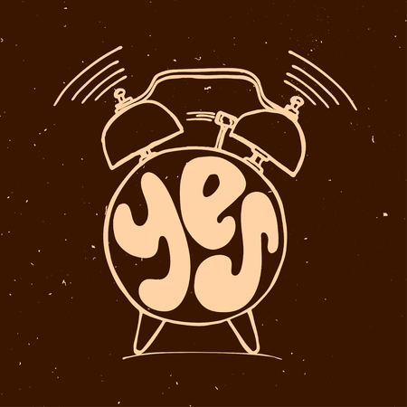 ringing alarm clock with light texture and lettering with Yes word. Time and start new day Concept with yes letters isolated on brown backgroundのイラスト素材