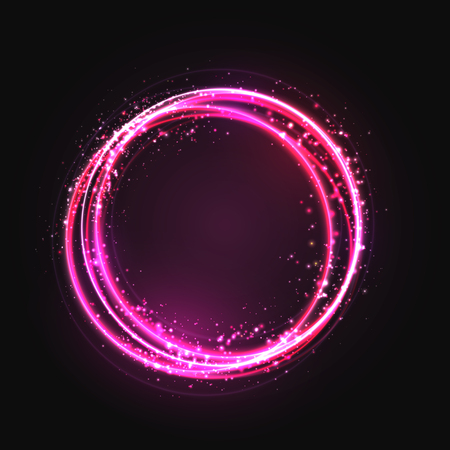 Pink gold Circle light effect with round glowing elements, particles and stars on dark background. Shiny glamour design elements for the Christmas, night party, birthday party with sequins, glitterのイラスト素材