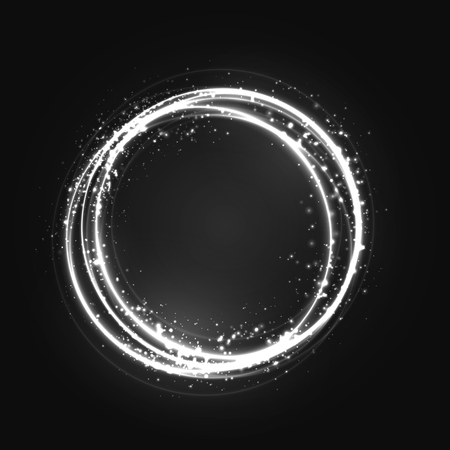 Circle light effect with round glowing elements, particles and stars on dark background. Shiny glamour design elements for the Christmas, night party, birthday party - for banners, flyers and backgrounds. Vector illustrationの写真素材
