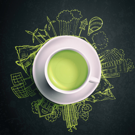 Green tea with circle ecology doodles. Sketched eco elements with cup of green teaの写真素材