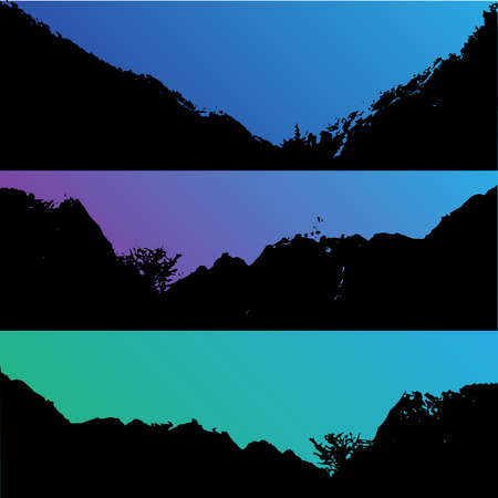 Set of vector hills and mountain landscape silhouette. Realistic trees, woods on hill silhouettes on night and evening sky. Outdoor nature sceneのイラスト素材
