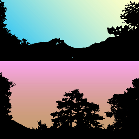 Set of vector hills and mountain landscape silhouette. Realistic trees, woods on hill silhouettes on night and evening sky. Outdoor nature sceneのイラスト素材