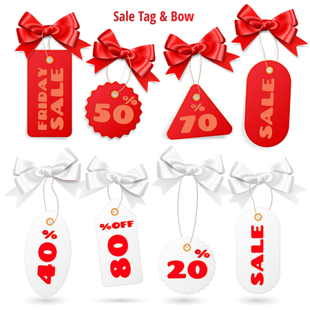 Set of white and red sale price tags and lables with realistic bows isolated on white backgroundのイラスト素材