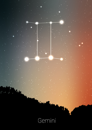 Gemini zodiac constellations sign with forest landscape silhouette on beautiful starry sky with galaxy and space behind. Gemini horoscope symbol constellation on deep cosmos background. Card designのイラスト素材