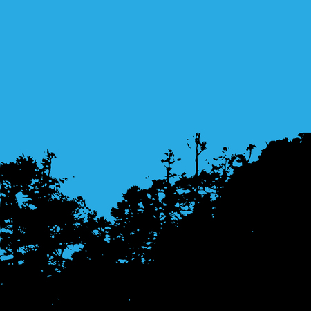 A Vector landscape silhouette. Realistic trees, woods, hills and mountain on night and evening sky. Outdoor nature sceneのイラスト素材
