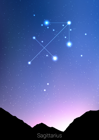 Sagittarius zodiac constellations sign with forest landscape silhouette on beautiful starry sky with galaxy and space behind. Sagittarius horoscope symbol constellation on deep cosmos background.の写真素材
