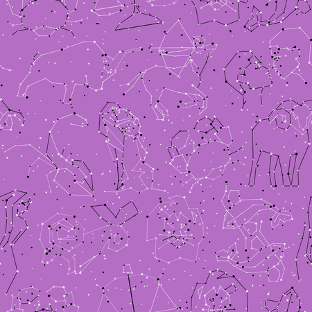 Horoscope seamless pattern, all Zodiac signs in constellation style with line and stars on pink sky. Endless background of starry zodiac symbols, minimal light styleのイラスト素材