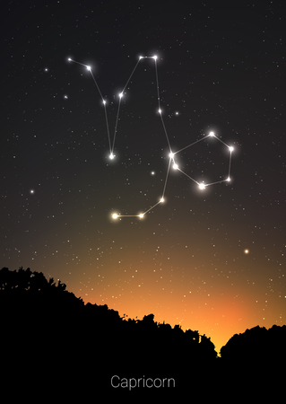 Capricorn zodiac constellations sign with forest landscape silhouette on beautiful starry sky with galaxy and space behind. Capricorn horoscope symbol constellation on deep cosmos background.の写真素材