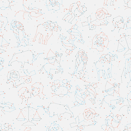 Horoscope seamless pattern, all Zodiac signs in constellation style with line and stars on white background. Endless background of starry zodiac symbolsの写真素材