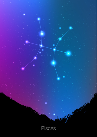 Pisces zodiac constellations sign with forest landscape silhouette on beautiful starry sky with galaxy and space behind. Pisces horoscope symbol constellation on deep cosmos background. Card designの写真素材