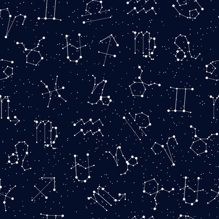 Horoscope seamless pattern, all Zodiac signs in constellation style with line and stars on black...
