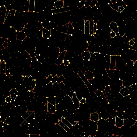Horoscope seamless pattern, all Zodiac signs in constellation style with line and stars on black sky. Endless background of starry zodiac symbolsのイラスト素材