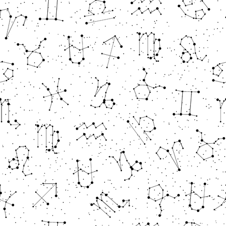 Horoscope seamless pattern, all Zodiac signs in constellation style with line and stars on white background. Endless background of starry zodiac symbolsの写真素材