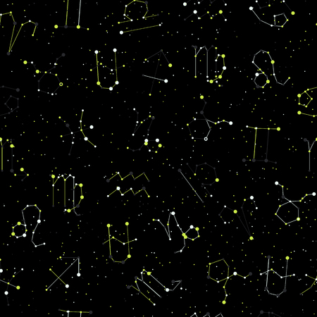 Horoscope seamless pattern, all Zodiac signs in constellation style with line and stars on black sky. Endless background of starry zodiac symbolsの写真素材
