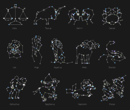 Horoscope, all Zodiac animals in constellation forms with line and stars.のイラスト素材