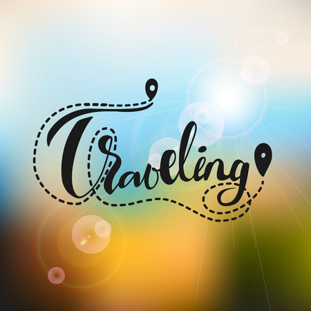 Summer and travel blurred background for traveling design with sun glares and travel letteringのイラスト素材