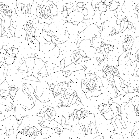 Horoscope hand draw seamless pattern, all Zodiac signs in constellation style with line and stars on endless background. Doodle background of starry zodiac symbolsの写真素材
