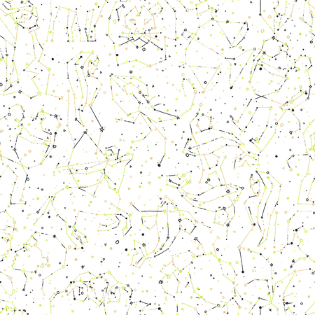 Horoscope hand draw seamless pattern, all Zodiac signs in constellation style with line and stars on endless background. Doodle background of starry zodiac symbolsのイラスト素材