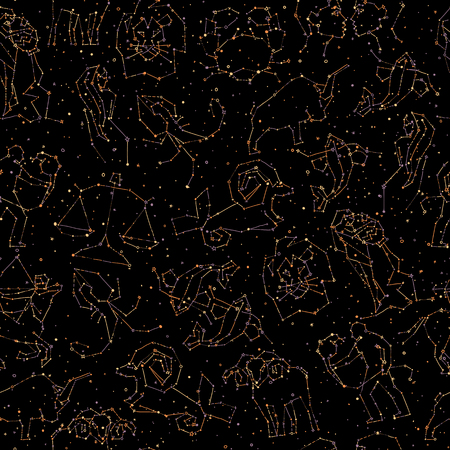 Horoscope hand draw seamless pattern, all Zodiac signs in constellation style with line and stars on endless background. Doodle background of starry zodiac symbolsのイラスト素材