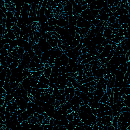 Horoscope hand draw seamless pattern, all Zodiac signs in constellation style with line and stars on endless background. Doodle background of starry zodiac symbolsのイラスト素材
