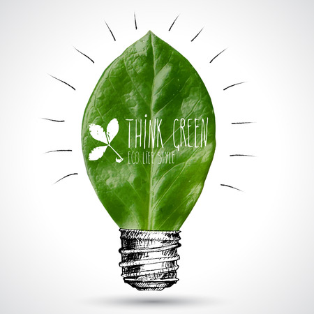 Green bulb vector illustration. Leaf with sketched lampの写真素材