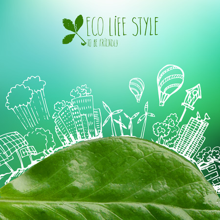 Green planet with circle ecology doodles. Sketched eco elements with earth and leavesの写真素材