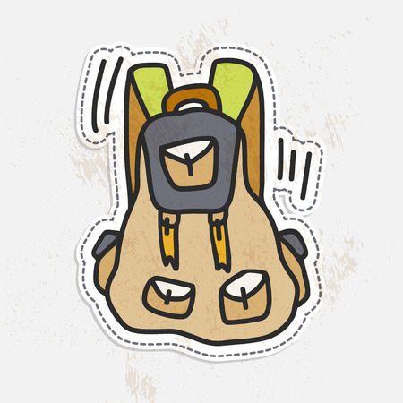 Travel sticker of colorful camping hand draw backpack tourist retro vector classic styled hiking with light vintage texture.のイラスト素材