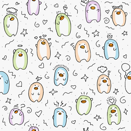 Cute emotional baby penguin with fun elements and repeatable light backgroundのイラスト素材