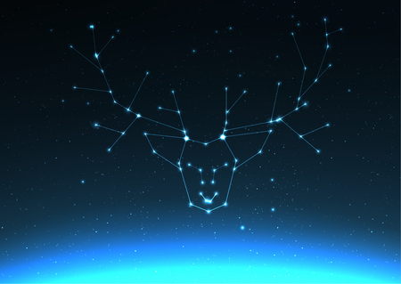 Deer and elk antlers constellation vector illustration. Elk in constellations and star on cosmos with Northern Lights. Starry elk or deer in deep dark sky with line and shiny dots and Earth light silhouetteのイラスト素材