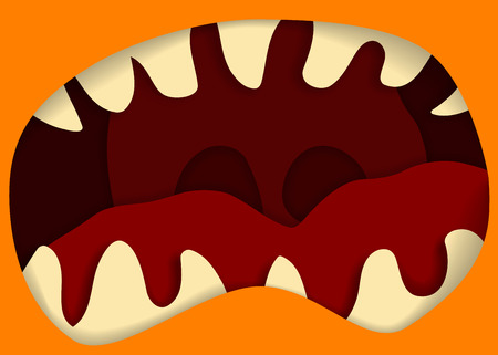 Monster mouth and teeth vector illustration, for halloween banner. Illusion of depth. Orange and red halloween monster mouth.の写真素材