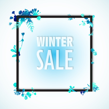 Winter sale banner, blue watercolor leaves and flowers on banner border with winter sale words. Minimalistic seasonal winter banner, blue colors. Winter sale hand draw elementのイラスト素材