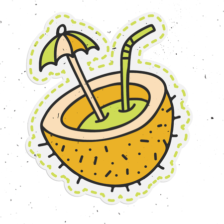 Vector coconut cocktail sticker. Hand draw illustration about beach cocktail with coconut, cocktail umbrella, tube. Summer doodle coconut with light textureのイラスト素材