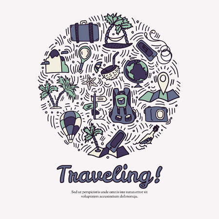 Summer and beach hand draw icon concept. Travel summer icons collection in round form with cartoon decorative elements. Coconut, surfing boat, sand, ice cream elements. Happy summer vacation icon conceptのイラスト素材