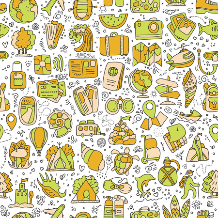 Travel and summer seamless pattern, journey and trip background. Adventure time pattern in hand draw style, vector sketch elements on repeatable pattern.のイラスト素材
