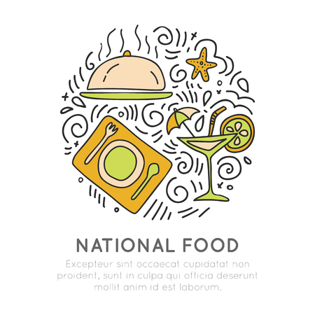 National food hand draw vector icon. Food traveling icon set with decoration and round forms. Sketched food national iconsのイラスト素材