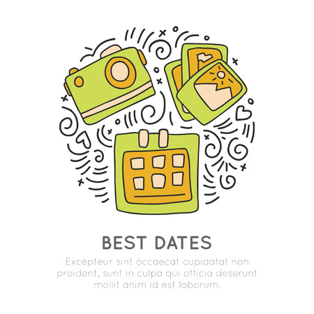 Booking in best days traveling icon. Photo camera, photos, calendar icon in circle form with decorative elements. Travel in best time hand draw cartoon concept. Travel, journey booking iconのイラスト素材